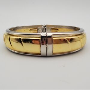 Vintage Gold Plated Sterling Silver Hinged Clamp Bangle Bracelet Ribbed Design